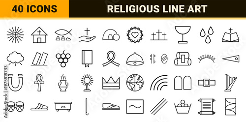 Christian faith and religious minimalist line icons set