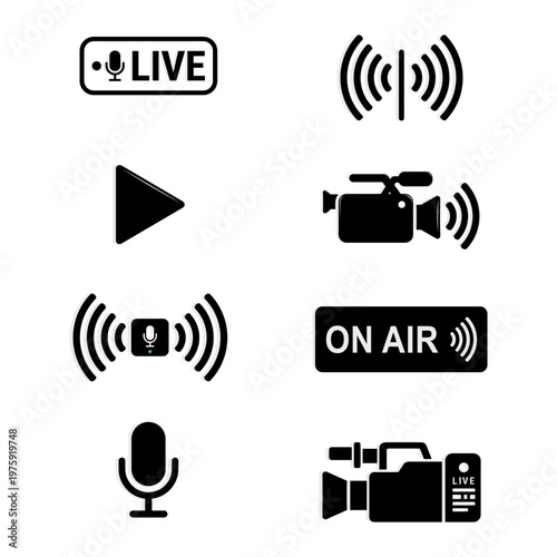  Modern live broadcast and streaming media icon set for podcast and radio branding