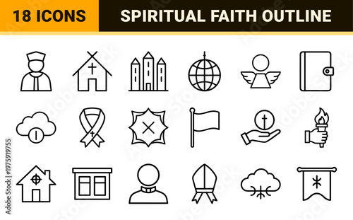 Christian religion line icons with church and bible symbols in minimalist outline