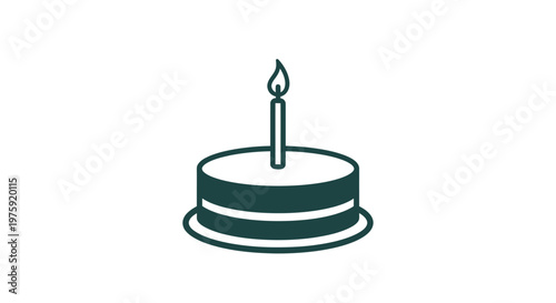 Birthday Cake Icon with Candle Flame, Celebration Concept, Simple Line Art