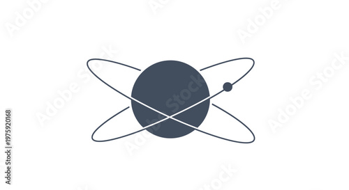 Abstract atom model with orbiting electron, dark blue on light background