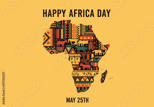 Happy Africa Day May 25th with African map in traditional patterns.