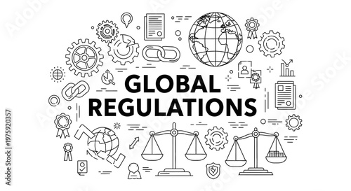 Global regulations and compliance concept illustration with line icons.