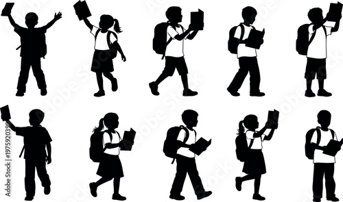 Vector Illustration Silhouette Of School Children With Backpacks Reading Books And Walking To School For Education And Back To School Concept