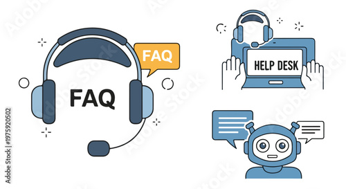 Customer support icons, FAQ, help desk, chatbot, vector graphics