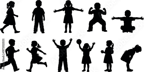 Vector Silhouette Collection of Children Playing Running and Posing in Various Active Stances for Diverse Kids Graphic Design and Illustration