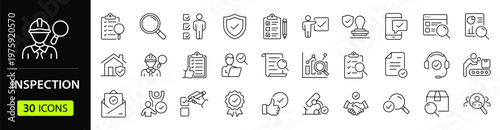 Inspection Web Icon Set in Linear Style. Collection of quality control, line icons, including checks product, evaluation, testing, quality assurance, certification, check and more. Editable stroke