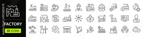 Factory and manufacturing Web Icon Set in Linear Style. Collection of manufacturing line icons, including automation, plants, industrial, production, machine, warehouse and more. Editable stroke