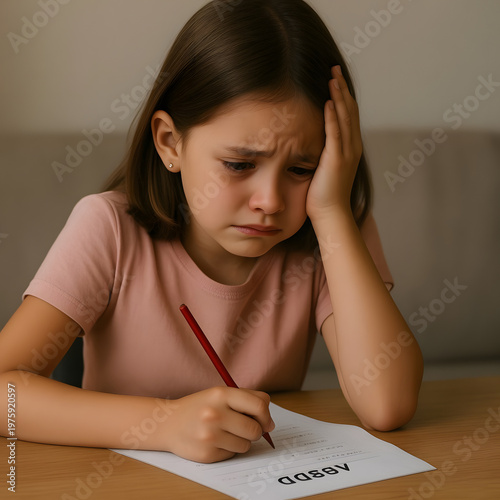 Young girl looking worried while writing on paper at home desk  