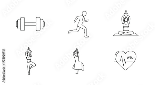 Minimalist fitness line icons set, 6 black and white vector elements for gym and yoga, workout and wellness symbols for health apps