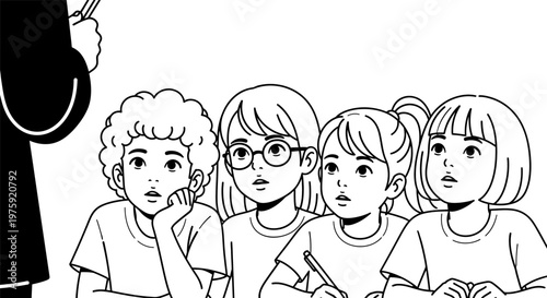 Group of diverse children listening to teacher in classroom illustration.
