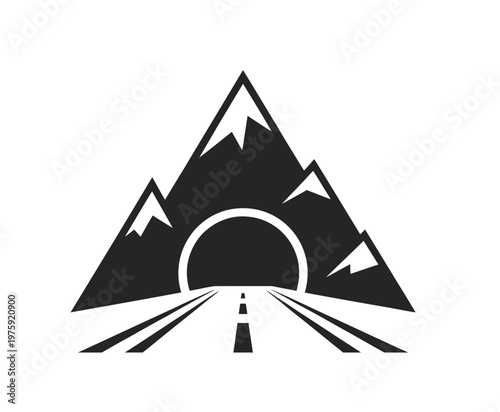 Black mountain tunnel silhouette logo icon, minimal vector illustration featuring mountain shape with tunnel entrance, ideal for travel, transport, construction, and infrastructure design projects.