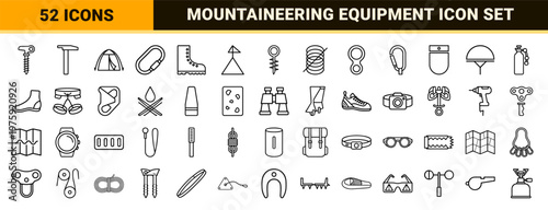 Climbing and Mountaineering Equipment Minimalist Line Icon Set