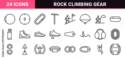 Mountain climbing and hiking equipment minimalist outline icons for outdoor adventure