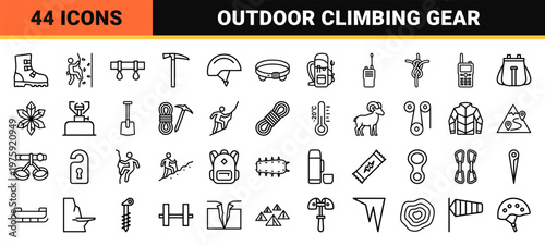 Minimalist climbing and mountaineering outline icon set