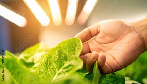 Carbon capture concept, Hand holding green lettuce leaf under bright indoor grow lights