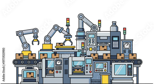 Automated Factory Line with Robotic Arms and Conveyor Belt