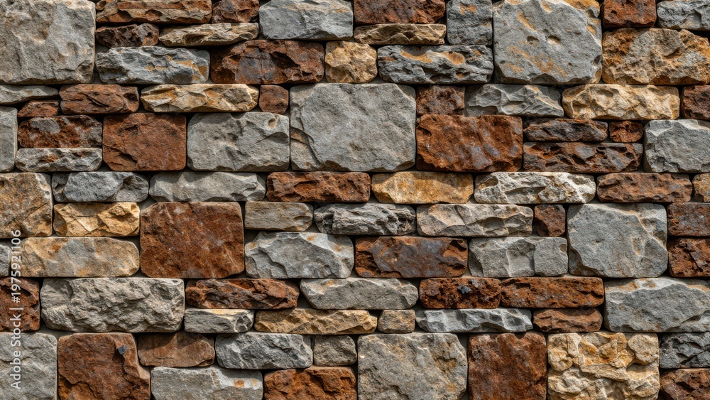 Fototapeta premium Closeup Texture of a Rough Stone Wall Featuring Natural Irregular Rocks in Earthy Tones of Gray, Brown, Tan and Rust with Detailed Surface Patterns