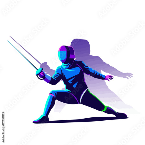 Fencer in action, dynamic pose, colorful illustration, sport concept