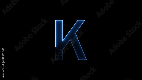 Glowing neon letter 'K' symbol, a shiny light font illustration on a black background English alphabet education type word writing letter text effect smooth footage sign symbol with black background