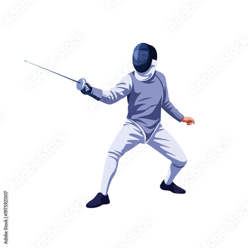 Fencer in action, holding foil, wearing protective gear, dynamic pose, isolated on white background