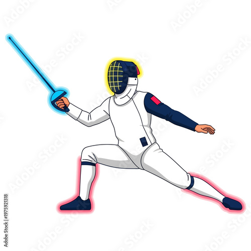 Fencer in action, lunging with a glowing sword, competitive sport illustration