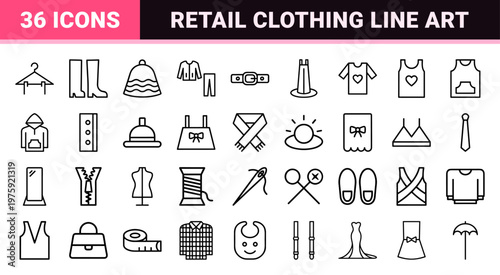 Minimalist clothing and fashion apparel outline icons set
