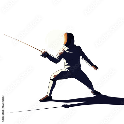 Fencer in action, poised for attack with foil, dramatic lighting, sportswear, fencing sport concept