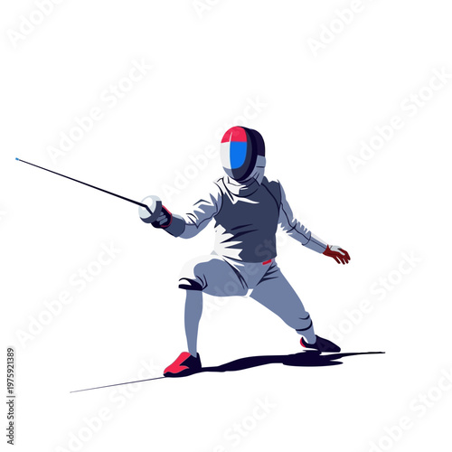 Fencer in action, poised for attack, holding foil, white background, dynamic pose