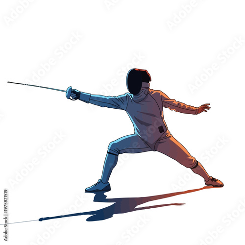 Fencer in dynamic pose with sword, athletic sport, duel, white background