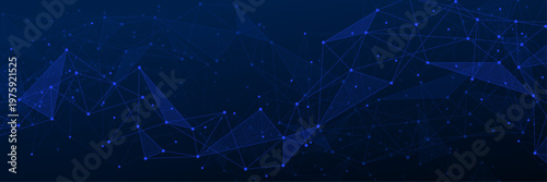 Dark blue abstract technology background with connecting dots and lines, creating a geometric network pattern.