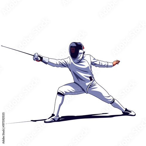 Fencer in white uniform lunging with foil sword, isolated on white background, dynamic action pose.