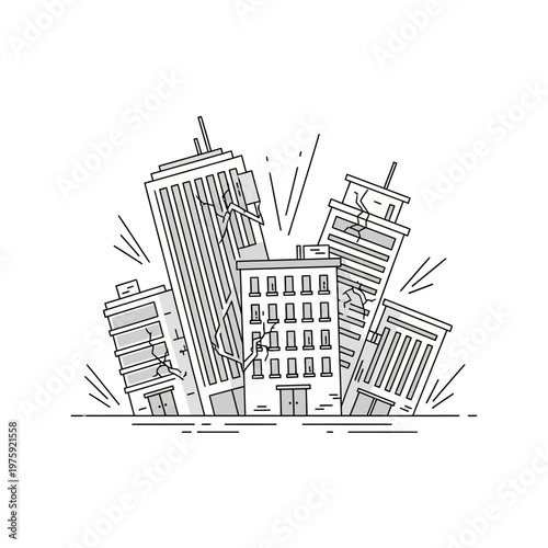 Cracked Buildings During Earthquake, City Disaster Line Art Illustration