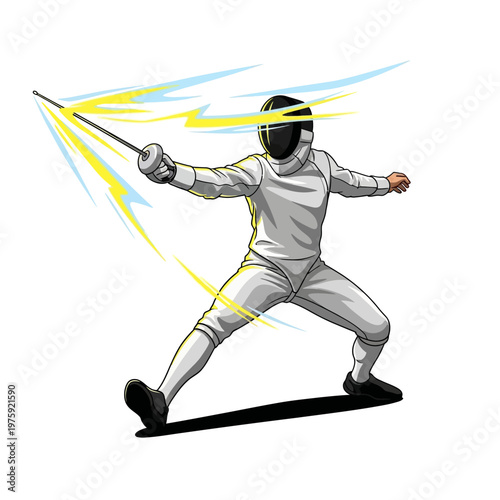 Fencer in white uniform lunging with sword, lightning effect, dynamic action pose