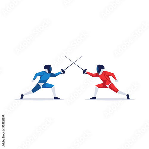 Fencers in blue and red uniforms dueling with swords, vector illustration