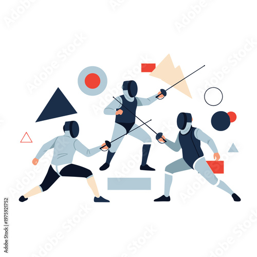 Fencing duel: Three athletes in protective gear with swords, abstract geometric shapes background