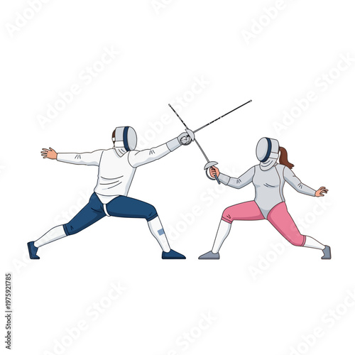Fencing duel, male and female athletes competing in sport, action pose