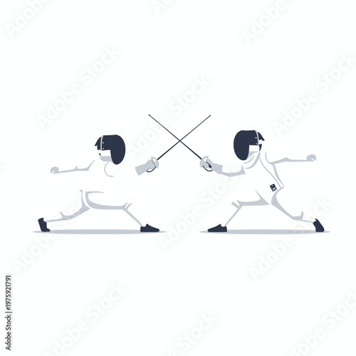Fencing duel, two athletes in protective gear with swords crossed, active sport competition.