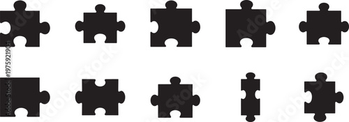 Puzzle jigsaw icon set on white background, vector EPS for game, brain, logic, and teamwork design.