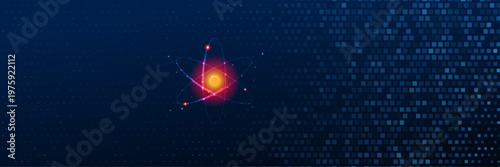 Quantum computing concept for science technology. atom with electrons. quantum mechanics and new era of science.