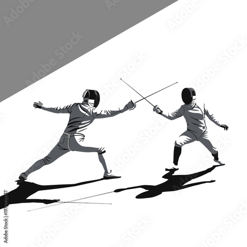 Two Fencers Duel in Dramatic Black and White with Strong Shadows