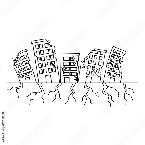 Damaged buildings line up with cracked ground, symbolizing earthquake destruction and disaster.