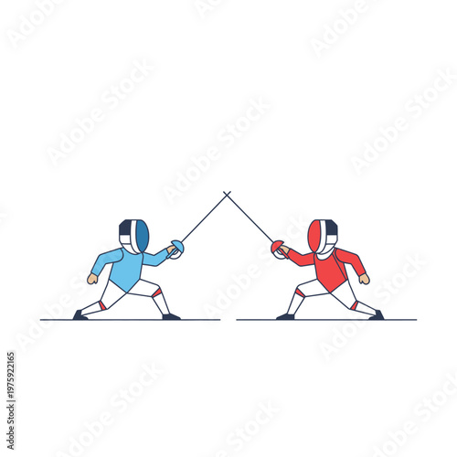 Two Fencers Duel With Swords, Red vs Blue Competition, Vector Illustration
