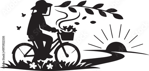 Minimal cyclist with basket of blooms, winding path, sun rays lines.