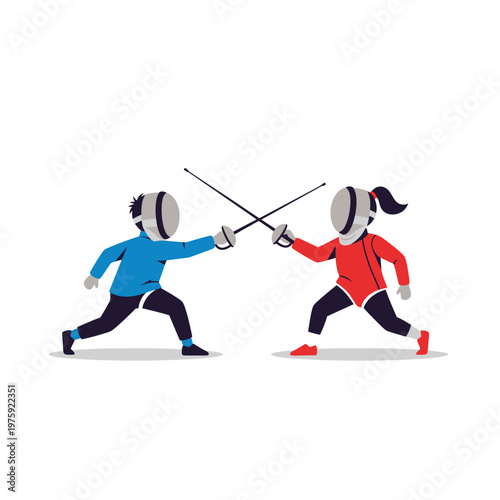 Two Fencers in Action, Sword Fight Illustration, Sport Competition