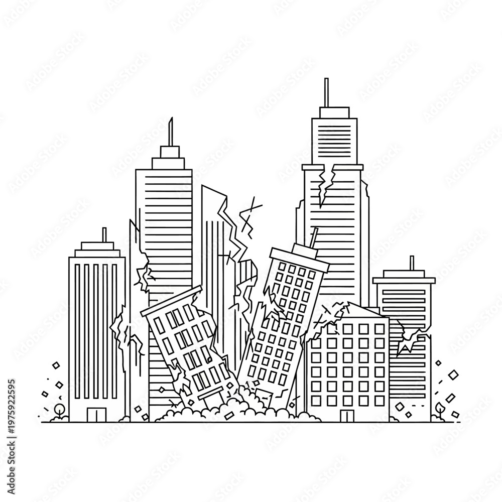 Obraz premium Destruction Cityscape Line Art: Damaged Buildings After Earthquake