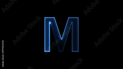 Glowing neon letter 'M' symbol, a shiny light font illustration on a black background English alphabet education type word writing letter text effect smooth footage sign symbol with black background