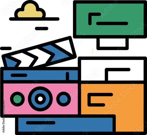 Flat design illustration of film making equipment including clapperboard camera and monitor on a transparent background