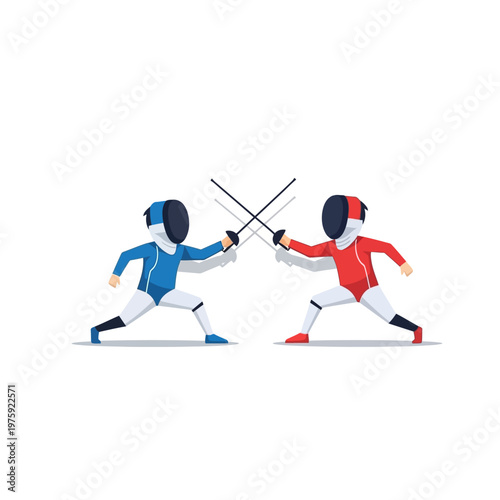 Two fencers in protective gear dueling with swords on white background