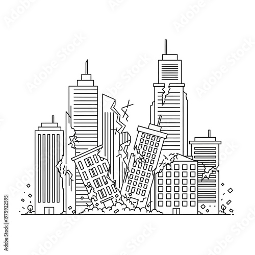 Destruction Cityscape Line Art: Damaged Buildings After Earthquake